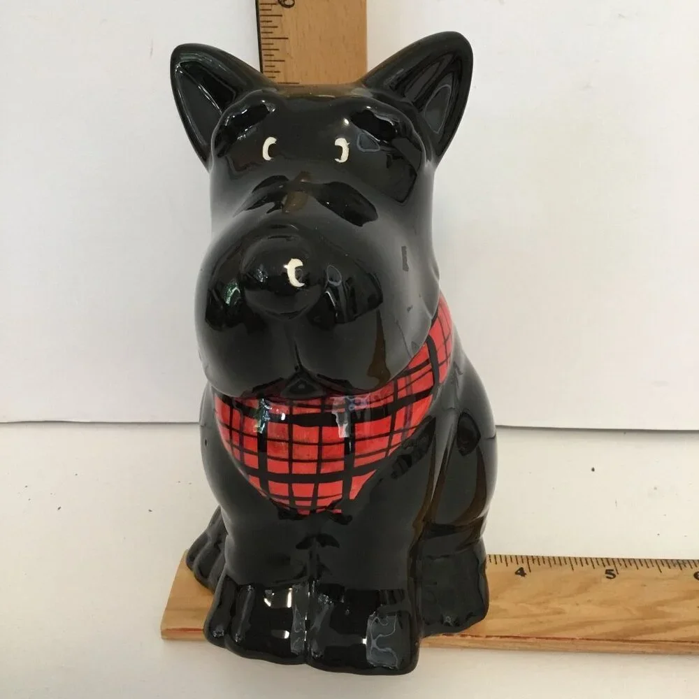 VTG MISR Japan Scottie Dog Cookie Jar Black Ceramic Red Plaid Scarf Treat Jar